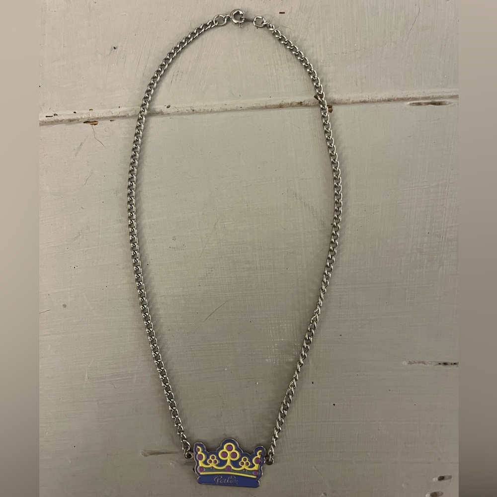 Mattel Barbie Silver Necklace with Purple and Yellow Crown Pendant